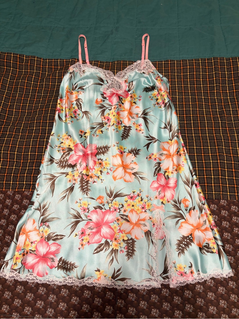Victoria's Secret Mint Satin Floral Slip with Pink Accents